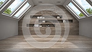 Empty mansard room with shelfs 3D rendering