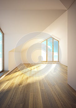 Empty mansard room with windows