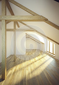 Empty mansard room with windows