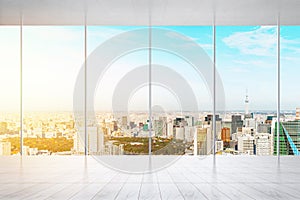 Empty marble floor and window with panoramic city skyline of Tokyo, Japan for mock up