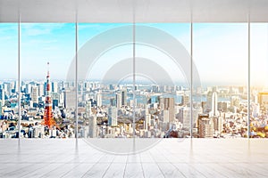 Empty marble floor and window with panoramic city skyline of Tokyo, Japan for mock up