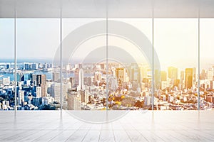 Empty marble floor and window with panoramic city skyline of Tokyo, Japan for mock up