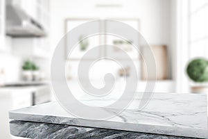 Empty marble stone table on blurred kitchen background.can be used mock up for montage products display or design layout