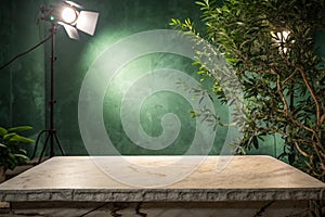 Empty Marble Table with Green Light for Product Display photo