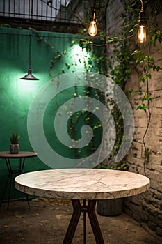 Empty Marble Table with Green Light for Product Display photo