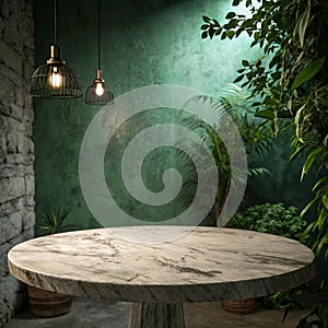 Empty Marble Table with Green Light for Product Display photo