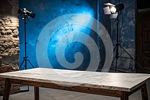 Empty marble table for product display with blue lighting