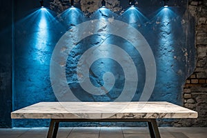 Empty marble table for product display with blue lighting