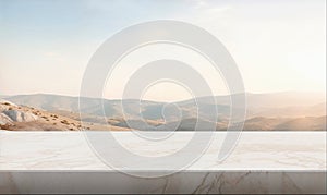 Empty marble table, product montage, desert landscape background