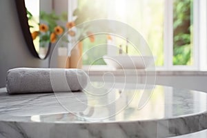 Empty marble table top with blurred bathroom interior background