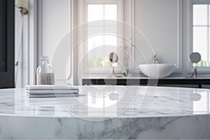 Empty marble table top with blurred bathroom interior background