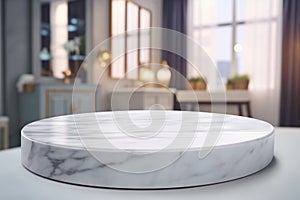 Empty marble table top for product display with bathroom interior background