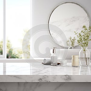 Empty marble table top for product display with blurred bathroom interior background. White bathroom interior