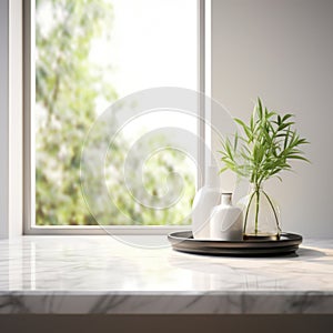 Empty marble table top for product display with blurred bathroom interior background. White bathroom interior