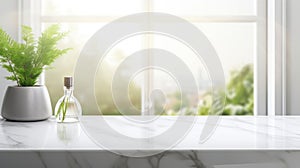 Empty marble table top for product display with blurred bathroom interior background. White bathroom interior