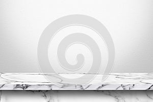 Empty marble table with white gray gradient wall background.