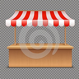 Empty market stall. Wooden tent with red and white striped awning on transparent background