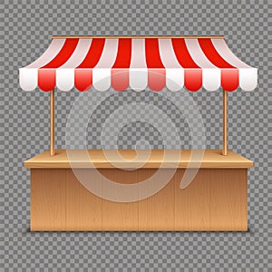 Empty market stall. Wooden tent with red and white striped awning on transparent background photo