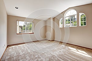 Empty master bedroom with window and high vaulted ceiling