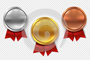 Empty medals. Blank round gold silver and bronze medal with red ribbons isolated vector set