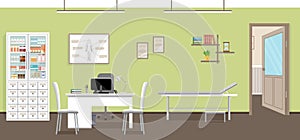 Empty medical office interior design. Doctors consultation room in clinic. Hospital working in healthcare concept