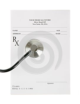 Empty medical prescription with a stethoscope