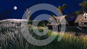 Empty medieval village with windmill at night 3D