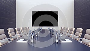 Empty meeting room and conference table with laptops 3d render 3d illustration