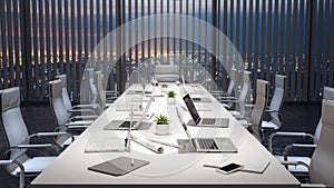 Empty meeting room and conference table with laptops, modern office 3d render