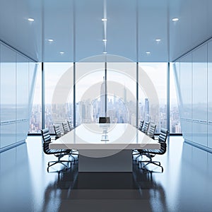 an empty meeting room in a high end office building in new york