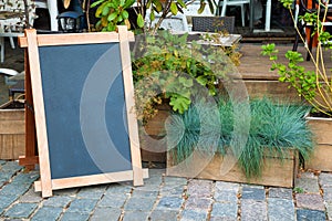 Empty menu advertising board and wooden box of grass