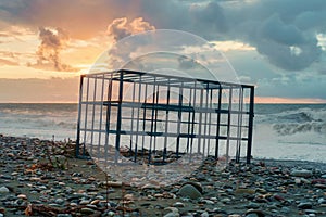 Empty metal cage on the sunset beach
