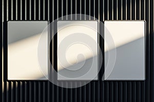 Empty metal linear wall with three clean white mock up banners and shadows. Gallery concept. 3D Rendering