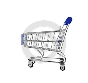 Empty metal shopping trolley isolated on white