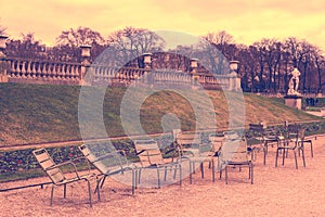 Empty metallic chairs in the Jardin du Luxembourg Luxembourg gardens in Paris France