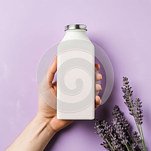 Empty Milk Container Mockup With Hand Holding On Lavender Background