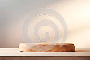 Empty minimal wooden podest in front of white wall. Product display background