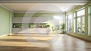 Empty minimalist kitchen in modern cottage or apartment. Pistachio wall, plain white facades, built-in home appliances