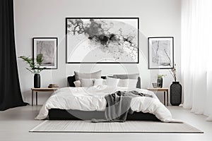 Empty Minimalist Nordic Bedroom with Black and White Artwork, AI Generative