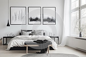 Empty Minimalist Nordic Bedroom with Black and White Artwork, AI Generative