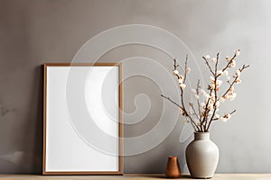 Empty mock up poster frame on floor. Interior design of modern living room with grey stucco wall and clay vase with blossom twig