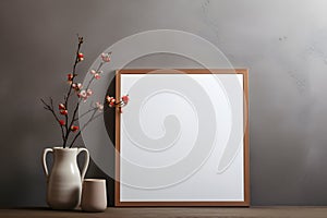 Empty mock up poster frame on floor. Interior design of modern living room with grey stucco wall and clay vase with blossom twig