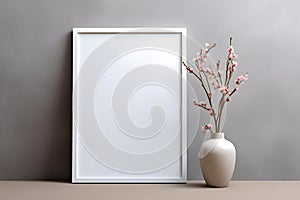 Empty mock up poster frame on floor. Interior design of modern living room with grey stucco wall and clay vase with blossom twig