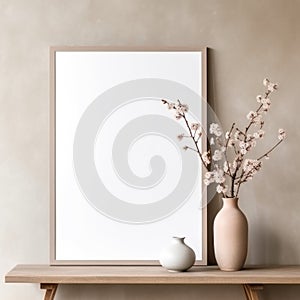 Empty mock up poster frame on floor. Interior design of modern living room with grey stucco wall and clay vase with blossom twig