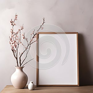 Empty mock up poster frame on floor. Interior design of modern living room with grey stucco wall and clay vase with blossom twig