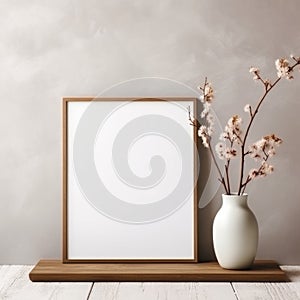 Empty mock up poster frame on floor. Interior design of modern living room with grey stucco wall and clay vase with blossom twig