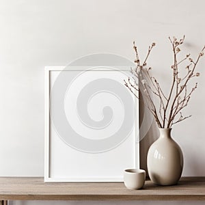 Empty mock up poster frame. Interior design of modern living room with grey stucco wall and clay vase with twig