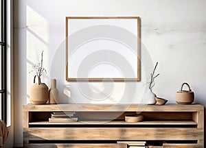 Empty mock up poster frame on white stucco wall above wooden dresser with home decor. Rustic interior design of modern living room