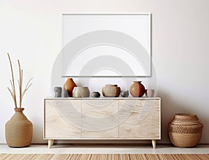 Empty mock up poster frame on white stucco wall above wooden dresser with home decor. Rustic interior design of modern living room