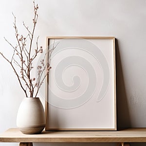 Empty mock up poster frame on wooden console table. Interior design of modern living room with grey stucco wall